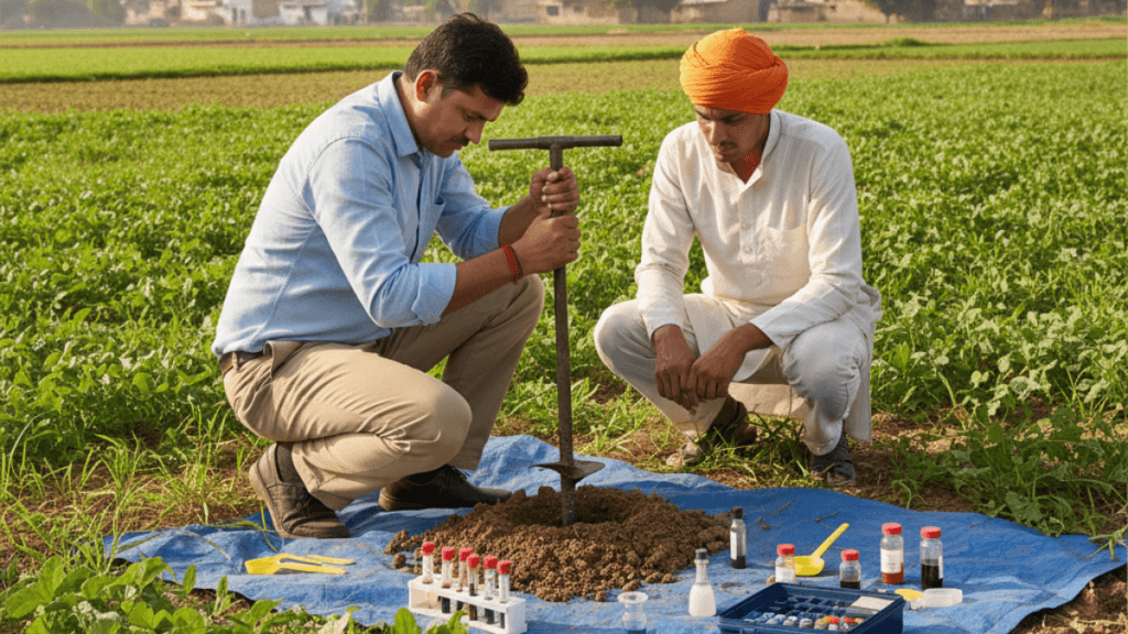 खेत की मिट्टी का नमूना लेते हुए अधिकारी – सॉइल हेल्थ कार्ड के लिए मिट्टी परीक्षण