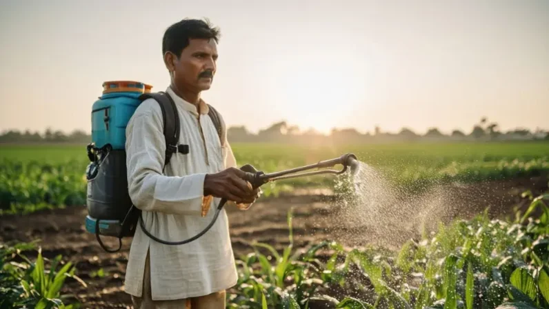 एक किसान अपने खेत में फसलों पर नैनो उर्वरक के घोल का छिड़काव करते हुए।