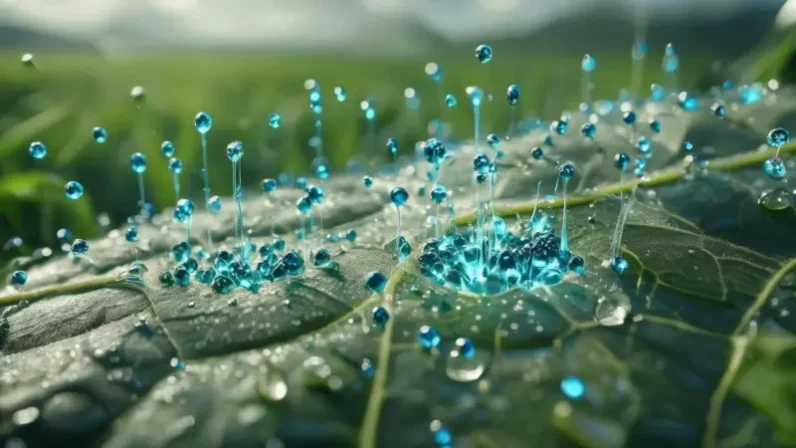 नैनो यूरिया के कणों का पौधे की पत्तियों में अवशोषण का क्लोज-अप दृश्य।