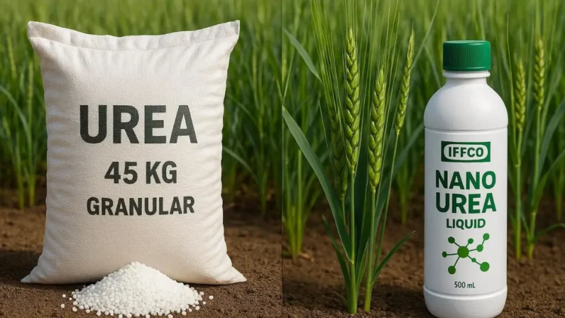 45 किलो सामान्य यूरिया की बोरी और 500 मिली नैनो यूरिया की बोतल के बीच तुलना।