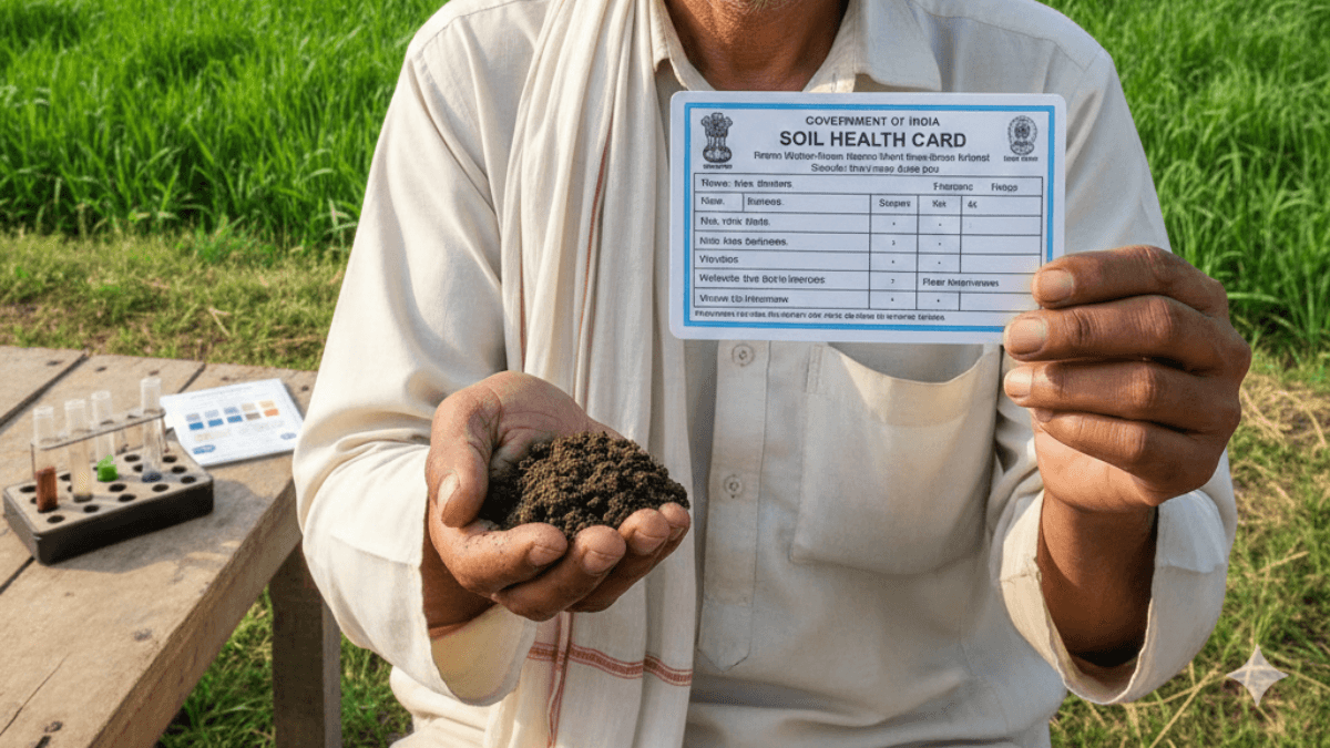 Soil Health Card योजना – किसान के हाथ में सॉइल हेल्थ कार्ड और खेत की तस्वीर