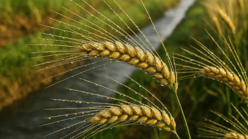 गेहूं की बालियों में दाना भरते समय हल्की सिंचाई का दृश्य