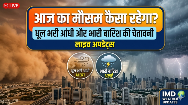 आज का मौसम कैसा रहेगा - मौसम विभाग द्वारा धूल भरी आंधी और भारी बारिश की चेतावनी (Weather Warning) का लाइव अपडेट ग्राफिक्स