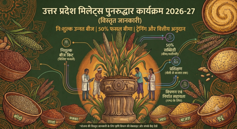 उत्तर प्रदेश मिलेट्स पुनरुद्धार कार्यक्रम 2026-27 के लिए एक विस्तृत हिंदी इन्फोग्राफिक, जिसमें एक केंद्रीय स्तंभ, विभिन्न प्रकार के मोटे अनाजों से भरे कटोरे, और किसानों और वैज्ञानिकों को दिखाया गया है। यह कृषि विभाग के तहत उपलब्ध मुफ्त बीज किट, फसल बीमा, प्रशिक्षण, और वित्तीय अनुदान के लाभों को दर्शाता है।