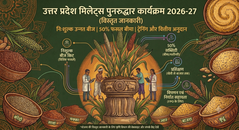 खुशखबरी! उत्तर प्रदेश मिलेट्स पुनरुद्धार कार्यक्रम 2026-27: ऑनलाइन आवेदन की पूरी जानकारी उत्तर प्रदेश मिलेट्स पुनरुद्धार कार्यक्रम 2026-27 के लिए एक विस्तृत हिंदी इन्फोग्राफिक, जिसमें एक केंद्रीय स्तंभ, विभिन्न प्रकार के मोटे अनाजों से भरे कटोरे, और किसानों और वैज्ञानिकों को दिखाया गया है। यह कृषि विभाग के तहत उपलब्ध मुफ्त बीज किट, फसल बीमा, प्रशिक्षण, और वित्तीय अनुदान के लाभों को दर्शाता है।